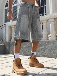 ROMWE MEN Street Life Herren Weite 3/4 Hose aus Denim mit funkelnden Strass-Verzierungen - Blau - Übersicht 2