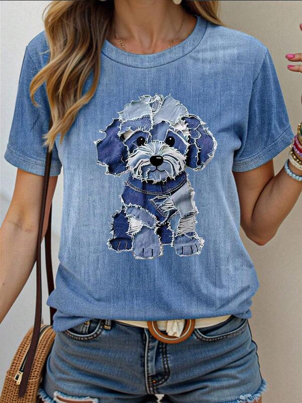 EMERY ROSE Plus Size Women Artistic Patchwork Puppy Print Casual Round Neck Short Sleeve Top, Suitable For Outdoor Wear