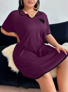 SHEIN 女士休闲睡衣迷你 T 恤连衣裙，撞色饰边，V 领 - 中紫紅色 - 查看 4