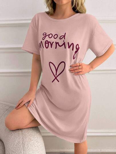 EURMUSE PLUS Women Contrast Coloyr Slogan&Heart Printed Short Sleeve Comfort Homewear Sleep Dress