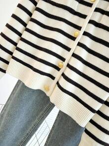 SHEIN Franclia 秋季新款休闲宽松黑白条纹开衫时尚减龄短款针织衫女