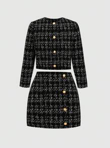 SHEIN Teen Girl Casual Minimalist Comfortable Round Neck Cardigan And Skirt Set