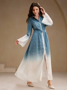 Anewsta Váy dài tay ombre thanh lịch dành cho nữ, màu xanh lam chuyển sắc sang trọng, thu/đông - Màu xanh lam - Xem 4