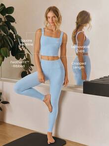 GLOWMODE FeatherFit™ Ribbed Flex Soft Square Neck Sports Bra Low Impact Yoga Pilates Studio Daily Casual Wear Removable Cups Fall Winter - Baby Blue - View 2