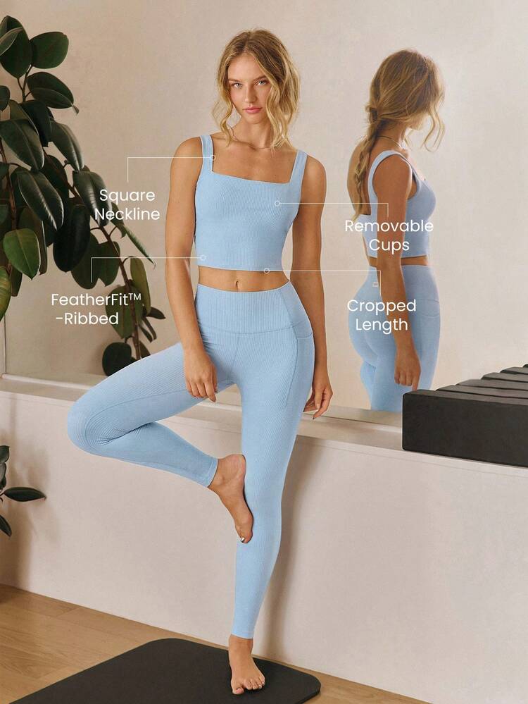 FeatherFit™ Ribbed Flex Soft Square Neck Sports Bra Low Impact Yoga Pilates Studio Daily Casual Wear Removable Cups  Spring Summer