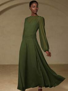 Aveloria Rosie Neues elegantes französisches Stil würdevolle Qualität Vintage Luxus hochwertige einfarbige Chiffon Rundhals Plissee asymmetrisches Raffung Taille Design ausgestelltes Damen Maxikleid mit Langarm - Dunkelgrün - Übersicht 3