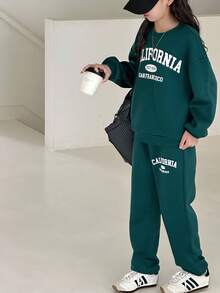 Tween Girl Comfortable Casual Minimalist Slogan Print Oversized Crew Neck Long Sleeve Hoodie And Skinny Sweatpants Set, Suitable For Home And Outdoor, Moss Green, Christmas Tween Girl Sweatsuit Teen Girl Sweatsuit Girls Sweatsuit Set Hoodie And Sweatpants Set Girls 2 Piece Sweatsuit Outfit Girls Teen Girl Sweatsuit Set Sweatsuit For Teen Girls Teen School Clothes 2 Piece Set Girl Long Sleeves Outfits Sweatshirt Straight Pants Suit Tween Girl Fall Winter