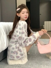 DAZY 女士宽松休闲拼色动物印花和波尔卡圆点图案针织开衫，秋冬时尚 - 白色 - 查看 8