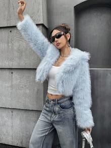 SHEIN ICON 秋冬女士夸张派对浅蓝色仿皮草大衣 - 淺藍色 - 查看 4