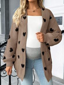 SHEIN 孕妇心形图案口袋休闲长袖开衫 - 棕色 - 查看 4