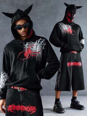 Goth Sudadera con capucha asimétrica con estampado de telaraña de moda para hombres, Halloween