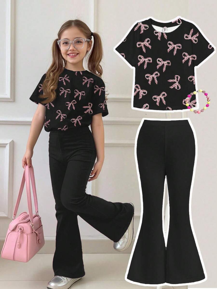 SHEIN Happikins 2pcs/Set Young Girl Casual Minimalist Pink Leopard Print Bow Decor Round Neck Short Sleeve Top And Flare Pants Outfit, Suitable For Summer