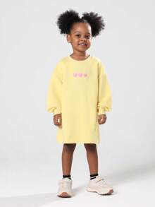 SUMWON 女孩情人节心形印花长袖 T 恤连衣裙可爱甜美休闲日常运动衫束腰外衣秋冬春季粉色心形图案 - 黃色 - 查看 5