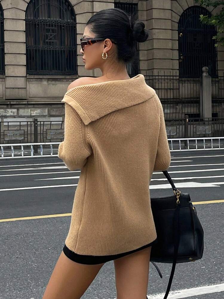 Open Shoulder Sweater, Loose High Collar Slouchy Sweater For Women, High-End Feel, Autumn/Winter