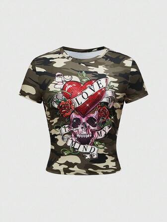 ROMWE Avant Maglietta aderente da donna con stampa a cuore scheletro rosa, strass e mimetica, stile Y2K Baddie, adatta per Ognissanti
