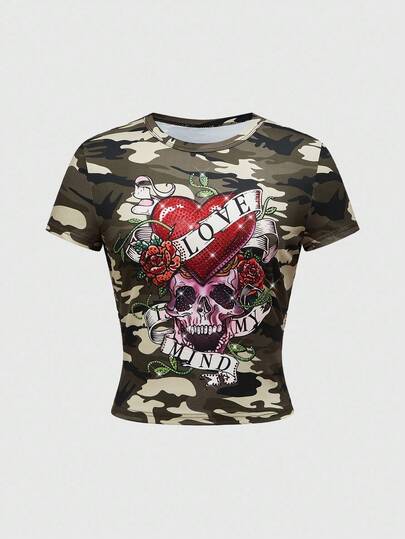 ROMWE Avant T-shirt moulant pour femmes avec imprimé camouflage, cœur de squelette, rose et strass, style Y2K Baddie Abby, pour Halloween