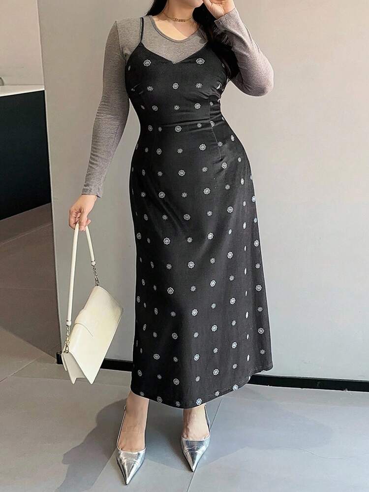 Dazy Plus Plus Size Women Velvet Floral Print Spaghetti Strap Maxi Dress, Versatile Layering Elegant Party Gown, Autumn