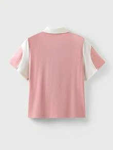 JNSQ Blusa suelta con cuello polo y bloques de color para niña preadolescente, de vuelta al colegio - Rosa - Ver 5