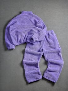 Manfinity EMRG 男士纯色拉链半襟长袖口袋运动衫和裤子休闲套装，秋季，紫色两件套男士，男士紫色套装紫色夏尔巴运动服，紫色羊毛运动服，舒适服装 - 紫色 - 查看 2