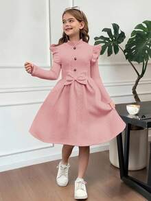 SHEIN Serisse Kids 青少年女孩休闲复古优雅立领纹理提花纽扣腰部喇叭长袖连衣裙 - 淺粉色 - 查看 1