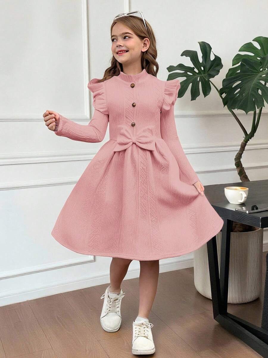 SHEIN Serisse Kids 青少年女孩休闲复古优雅立领纹理提花纽扣腰部喇叭长袖连衣裙 - 淺粉色 - 查看 1
