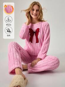 Loomlin 女士毛绒泰迪熊两件套蝴蝶结刺绣细节长袖衬衫和睡裤家居服睡衣套装 - 粉色 - 查看 1