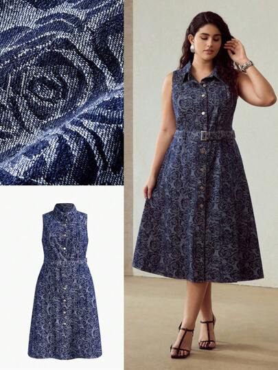 MOTF PREMIUM PLUS JACQUARD SLEEVELESS DENIM DRESS