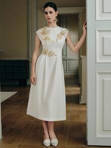 Anewsta Váy dự tiệc cocktail đính hoa đính đá không tay, eo thắt eo cho nữ - trắng - Xem 4