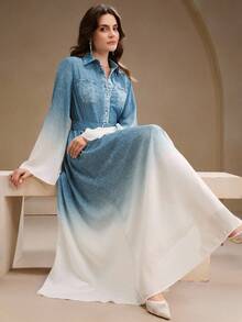 Anewsta Váy dài tay ombre thanh lịch dành cho nữ, màu xanh lam chuyển sắc sang trọng, thu/đông - Màu xanh lam - Xem 3