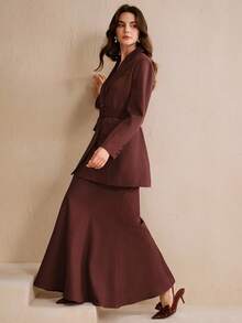 Anewsta Office Lady Brown Elegant Suit Set, Long Sleeve Jacket And Mermaid Maxi Skirt, Autumn/Winter - Coffee Brown - View 6