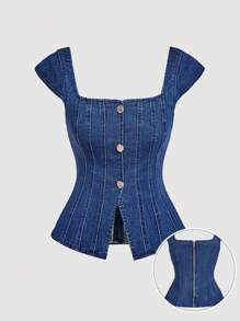 SHEIN MOD Áo denim nữ casual cài cúc phía trước, áo denim xanh mùa hè, áo cổ vuông, áo phong cách Gyaru, Y2K, mùa thu, áo đi chơi nữ, thanh lịch, phong cách cổ điển, áo dễ thương, sang trọng, vintage, áo corset - Rửa tối - Xem 5