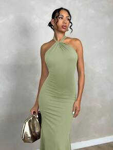 Glamine Backless Long Casual Dress With Neck Twist Design Maxi Women Outfit - Mint Green - View 3
