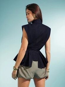 Denimoi Collared Sleeveless Button Down Denim Top, Denim On Denim, Fashionable - Dark Wash - View 5