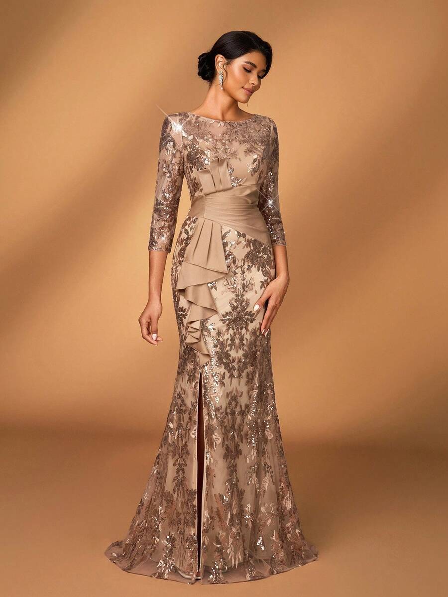 Serin Elegant Luxurious Embroidered Lace Sequin Satin Ruffle Sheer Long Sleeve Mermaid Slit Dress, Suitable For Wedding, Party, Vacation, Prom, Evening Gown, Mother Of The Bride, Valentine's Day - Champagne - View 1