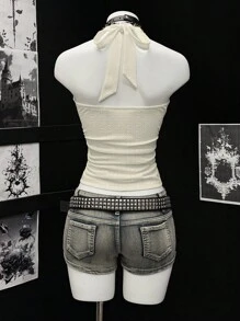 EgrlEra Áo hai dây xếp ly cổ chữ V gợi cảm, dây mảnh, ngắn, buộc dây dành cho nữ - Màu be - Xem 2