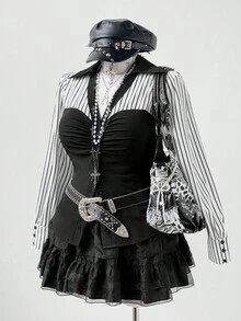 Sunspun 大码条纹撞色长袖修身休闲衬衫，适合上学、工作、优雅约会和聚会 - 黑色 - 查看 6