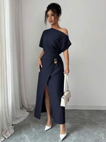 Elenzga 女式纯色不对称蝙蝠袖褶饰开衩下摆优雅连衣裙 - 藏蓝色 - 查看 6