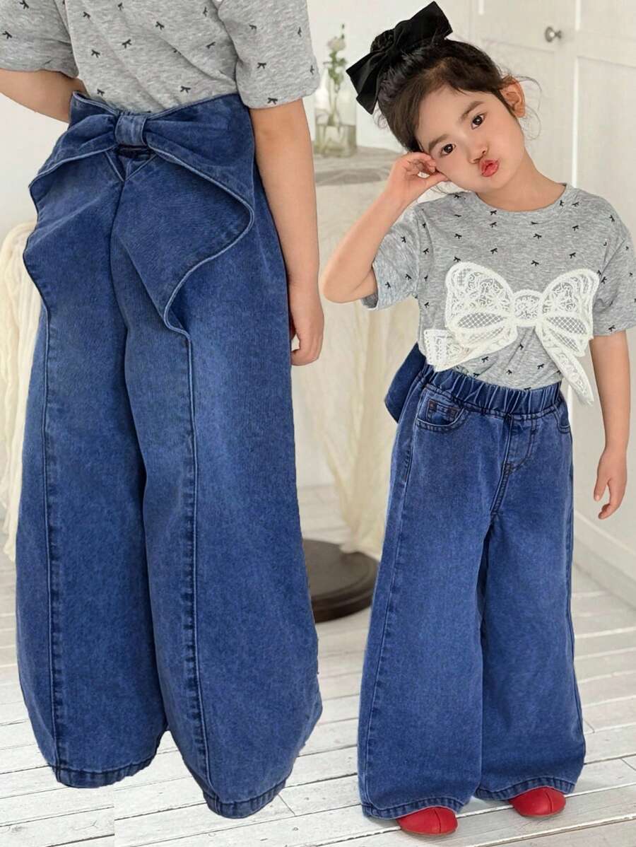 SHEIN 少女可爱蝴蝶结装饰牛仔休闲阔腿裤，春夏休闲度假乡村波西米亚风穿搭，海滩风、西部街头风，春假、锐舞音乐节牛仔裤，少女度假必备，蝴蝶结牛仔裤，秋冬阔腿牛仔裤 - 深色水洗藍 - 查看 1