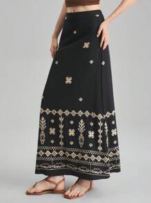 Ontre 2025 秋季女式休闲度假刺绣裙，时尚长款休闲裙，适合海滩、办公室、海滩度假、节日、派对、度假风格 - 黑色 - 查看 4