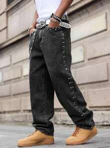 Manfinity EMRG Men's Casual Street Style Rivet Loose Slant Pocket Denim Jeans - Dark Grey - View 3