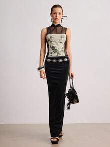 ROMWE Avant Chinese Neo-Traditional Style Beaded Embroidery Sheer Back Top For Women - Black - View 6