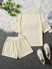 SHEIN Bộ đồ 2 món cổ tròn tay ngắn dệt kim thường ngày cho bé gái tuổi mới lớn - Màu Xám nhạt - Xem 2