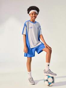 JNSQ Back To School Outdoor Sports Jersey Shorts Set, Kids Round Neck Contrast Color Patchwork Funny Letter Print Graphic Outdoor Sports Short Sleeve T-Shirt Set - Blue - View 4