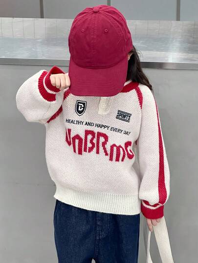 DAZY 少女圆领撞色街头休闲韩版长袖毛衣