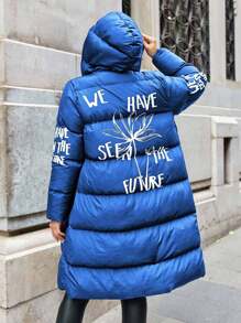 EURMUSE Plus Size Women Winter Slogan Print Full Zip Long Hooded Padded Coat - Royal Blue - View 2