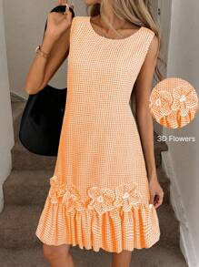 Easowa Vestido curto feminino xadrez com decote redondo e sem mangas com decoração floral