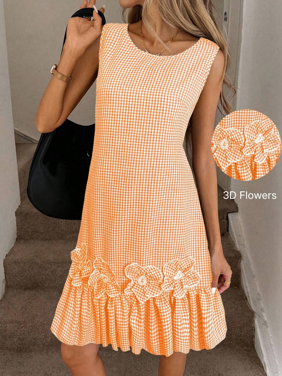 Easowa Vestido curto feminino xadrez com decote redondo e sem mangas com decoração floral