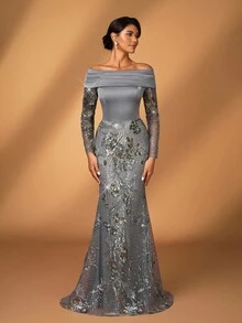 Serin Robe sirène à manches longues en satin élastique froncé, avec patchwork de dentelle brodée de sequins. Élégante et luxueuse, convient pour le mariage, les fêtes, les enterrements de vie de jeune fille, les vacances, le bal de promo, la mère de la mariée. - Gris - Voir 2