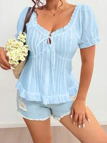 Sunnyshic Plus Size Ruffle Trim Knot Front Blouse
