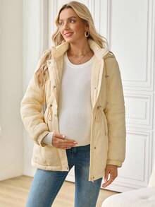 SHEIN Maternity Solid Color Long Sleeve Drawstring Waist Zipper Front Casual Hooded Winter Jacket - Beige - View 3